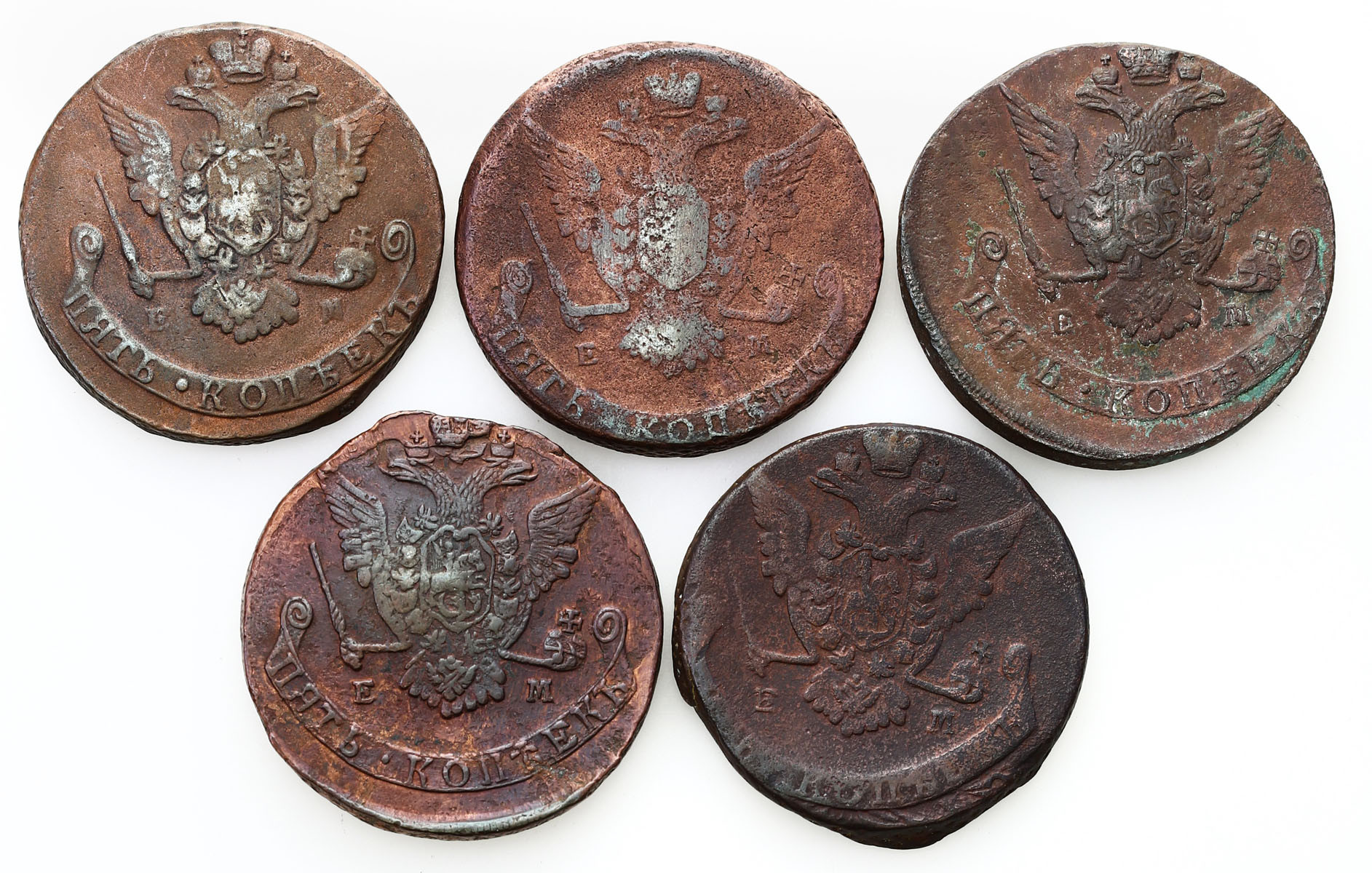 Rosja. Katarzyna II. 5 kopiejek 1768-1773, zestaw 5 monet